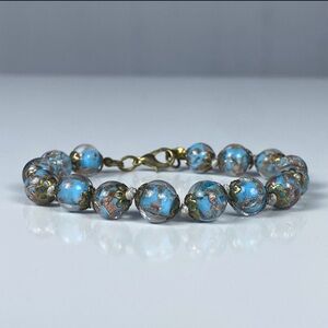 Vintage Venetian Foil Copper Aqua Blue Hand Knotted Bracelet